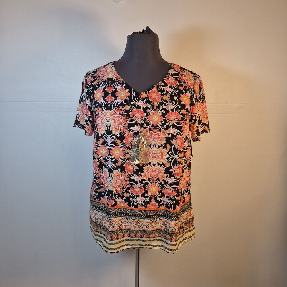 Tacera Women's Necklace Blouse Size 1X Pink/Orange Floral V-neck Tunic